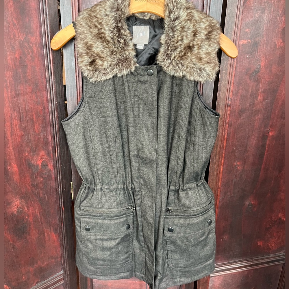 J Jill Utility Tweed vest faux fur adjustable brown size s - Picture 11 of 13
